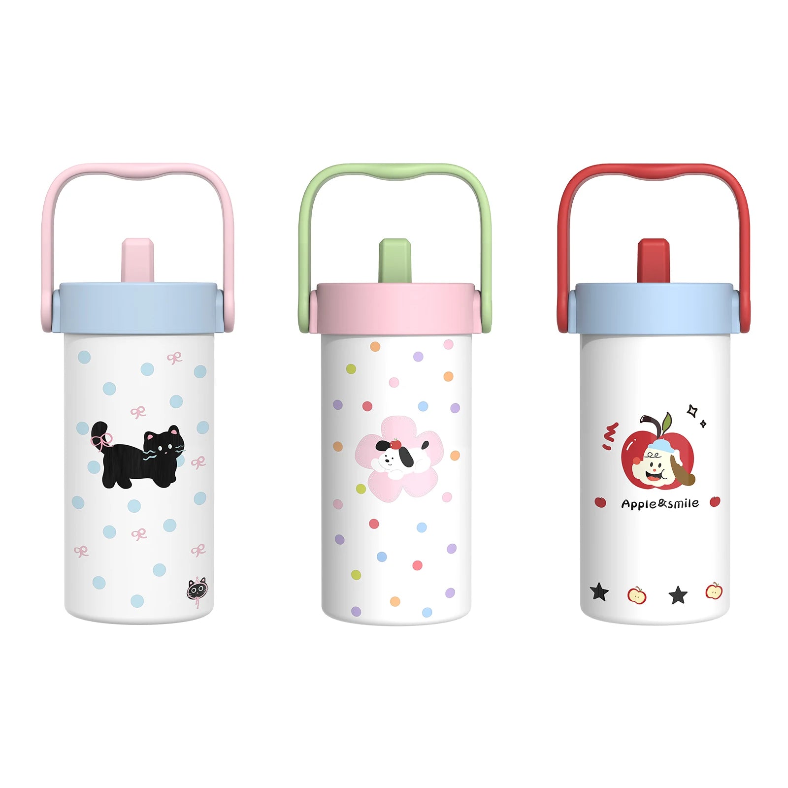 Cute 20oz Stainless Steel Cartoon Kitty Drinkware – Insulated Travel Tumbler with Handle & Flip Straw