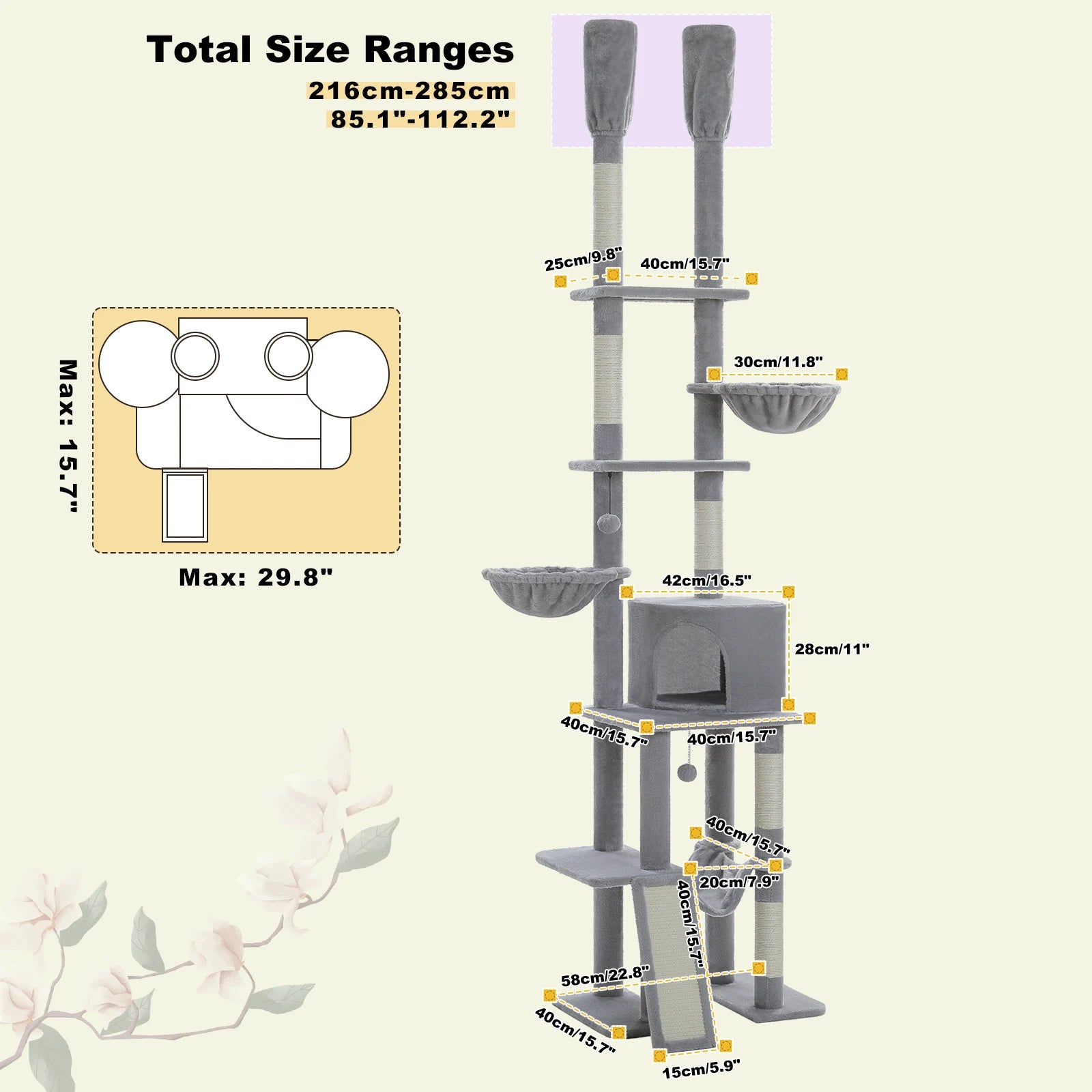 Tall Adjustable Floor-to-Ceiling Cat Tree – Indoor Cat Tower with Scratching Posts & Soft Hammock Condo - Pet