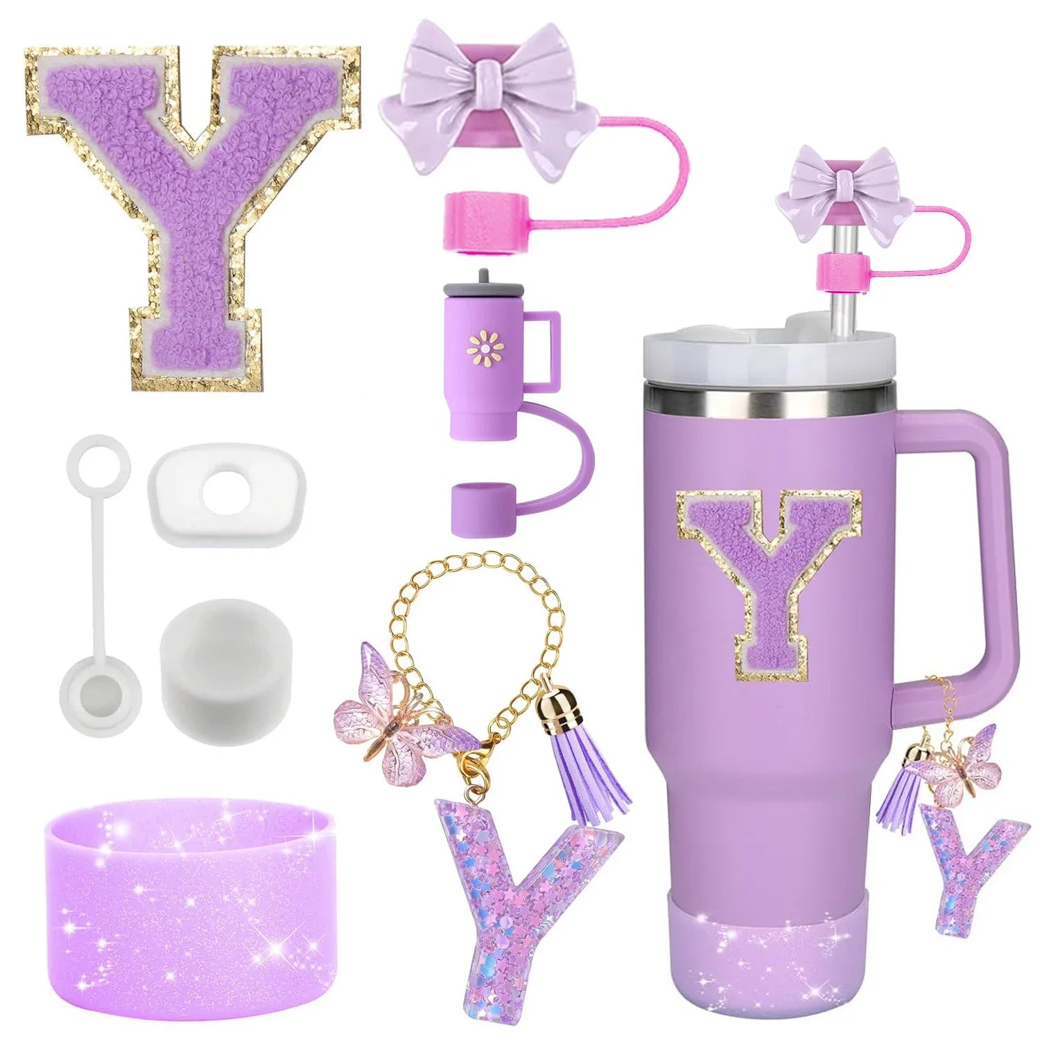 8PCS Stanley Cup Accessories Set – Purple 30/40oz Tumbler Straw Topper, Cap, Boot, Handle, Charm & Initial Stickers