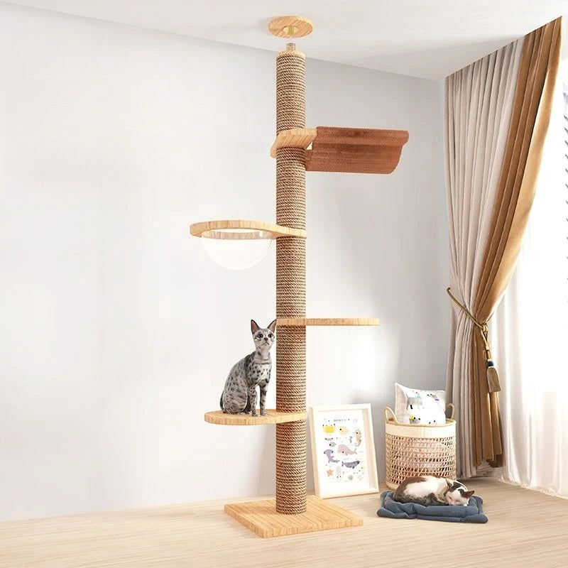 Pet Cat Tree 5-Tier Floor to Ceiling Cat Tower Cactus Tall Climbing Tree with Scratching Post Hammock Dangling Ball for Indoor Cats
