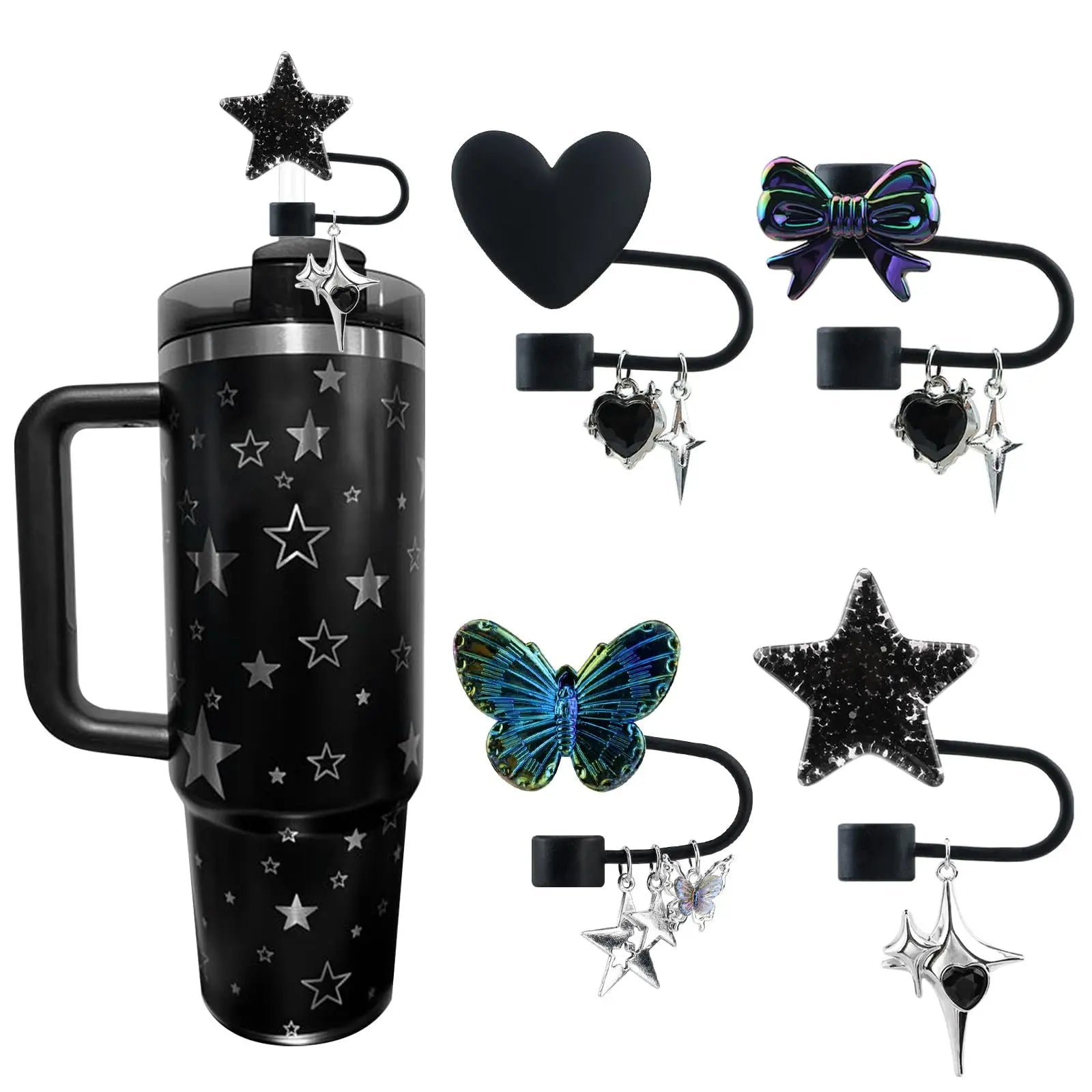 4PCS Stanley Tumbler Accessories Set – Cute Star & Bow Silicone Straw Covers, 10mm Dust-Proof Toppers & Tip Protectors