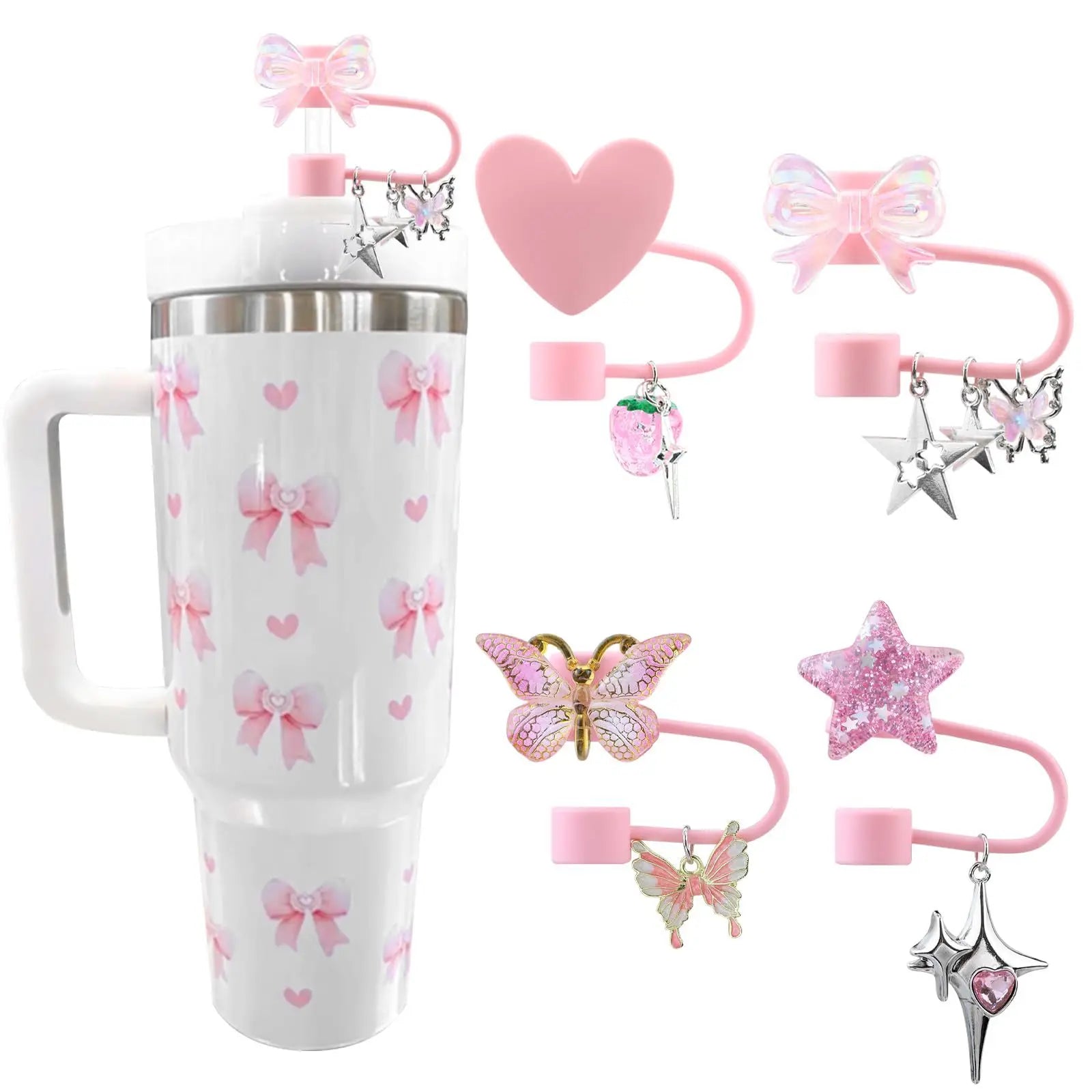4PCS Stanley Tumbler Accessories Set – Cute Star & Bow Silicone Straw Covers, 10mm Dust-Proof Toppers & Tip Protectors