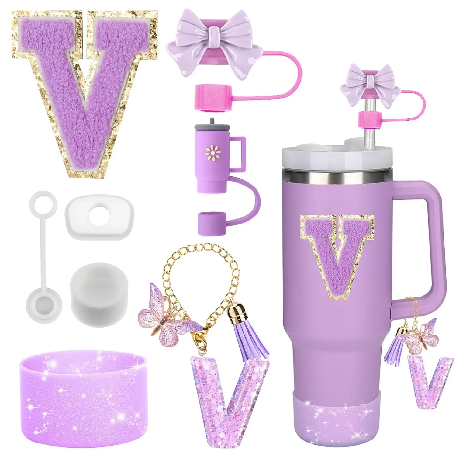 8PCS Stanley Cup Accessories Set – Purple 30/40oz Tumbler Straw Topper, Cap, Boot, Handle, Charm & Initial Stickers