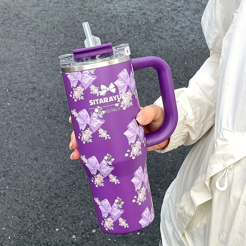 900ml Floral Stainless Steel Tumbler with Straw