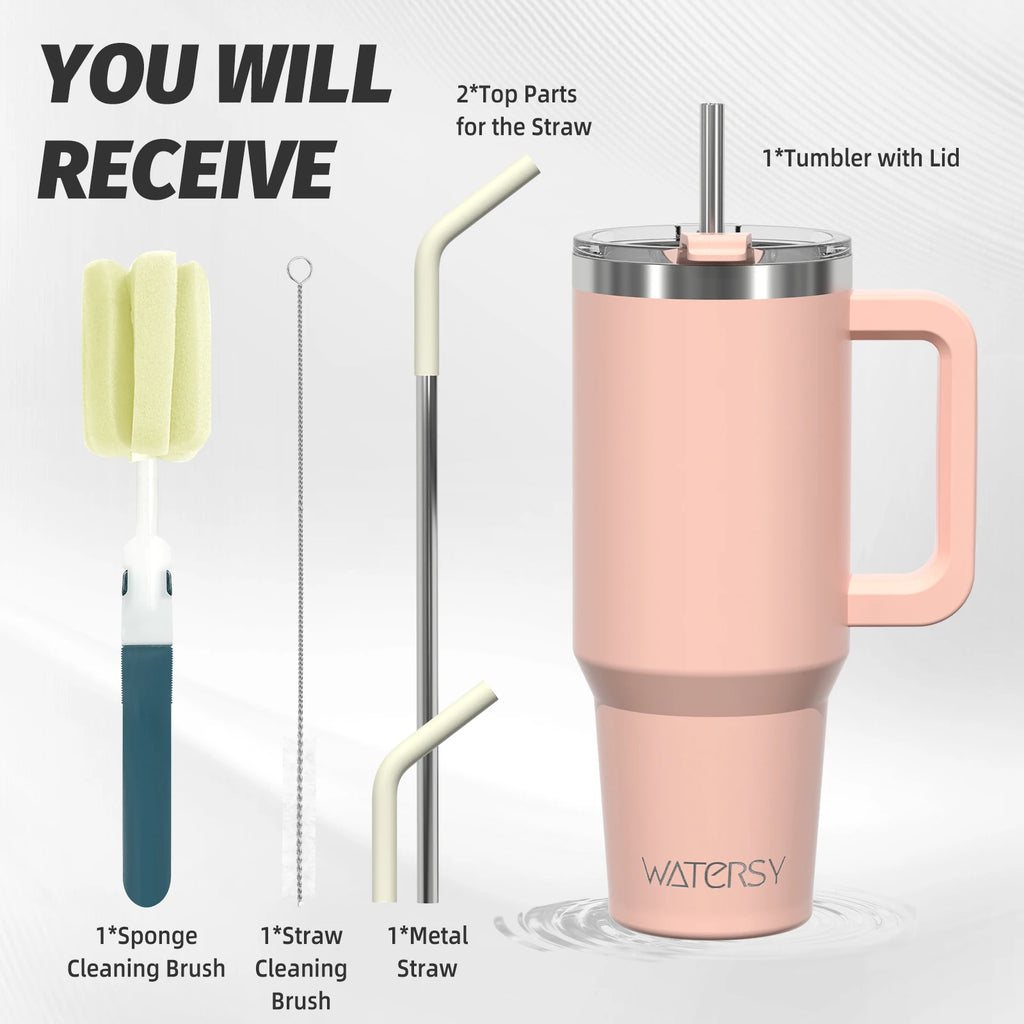 Watersy Insulated Drinkware – 20/30/40oz Stainless Steel Tumbler with Handle & Straw | Hot & Cold Travel Mug