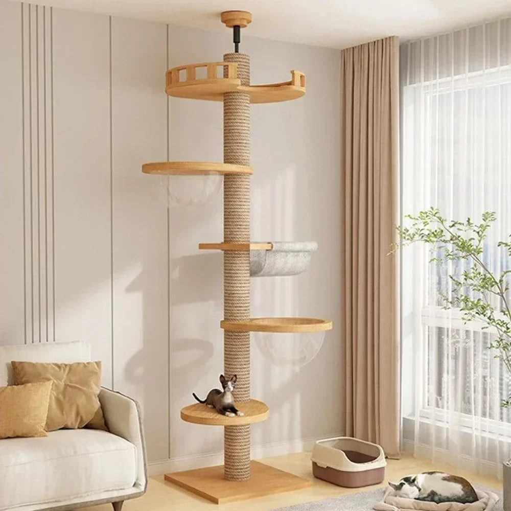 Pet Cat Tree 5-Tier Floor to Ceiling Cat Tower Cactus Tall Climbing Tree with Scratching Post Hammock Dangling Ball for Indoor Cats