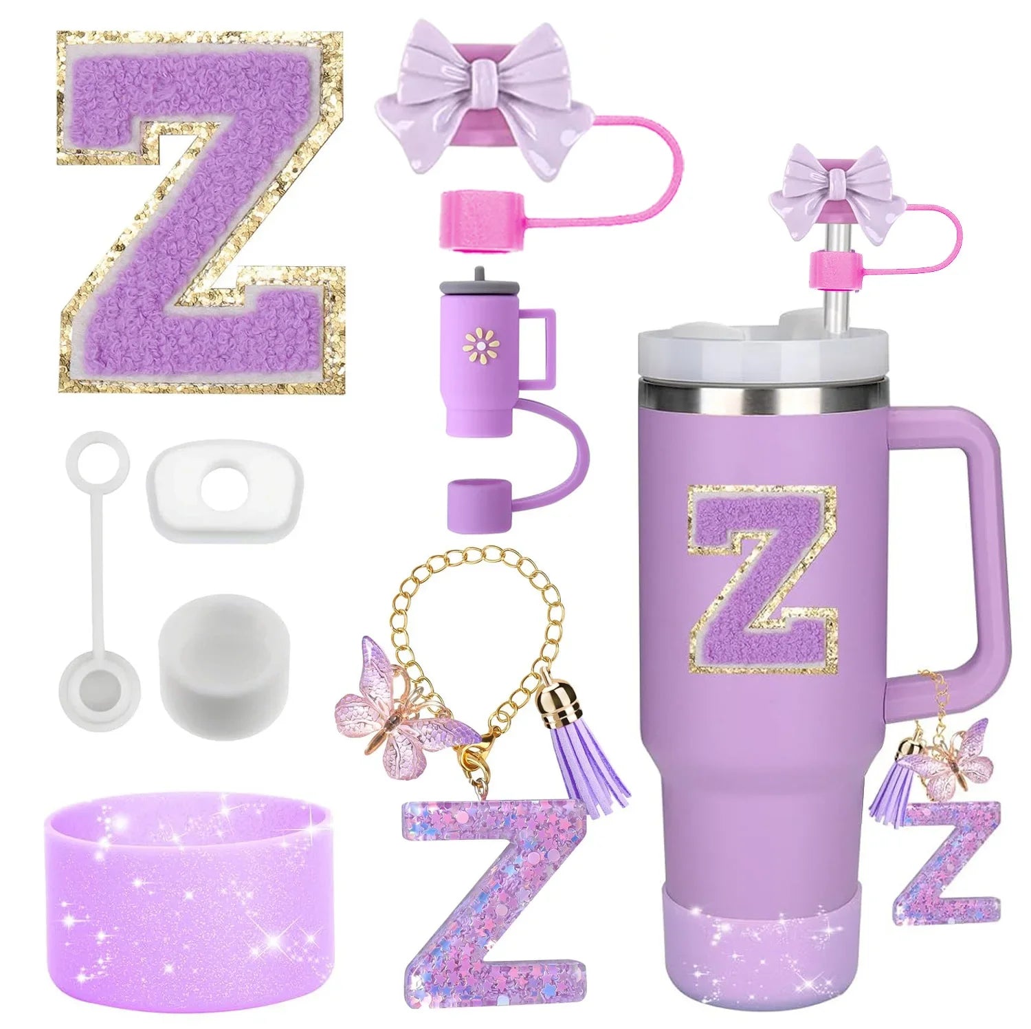 8PCS Stanley Cup Accessories Set – Purple 30/40oz Tumbler Straw Topper, Cap, Boot, Handle, Charm & Initial Stickers