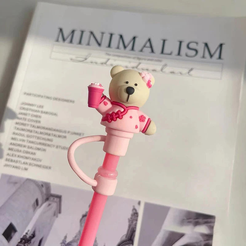 Pink Kawaii Straw Topper – Bear & Cherry Silicone Accessories