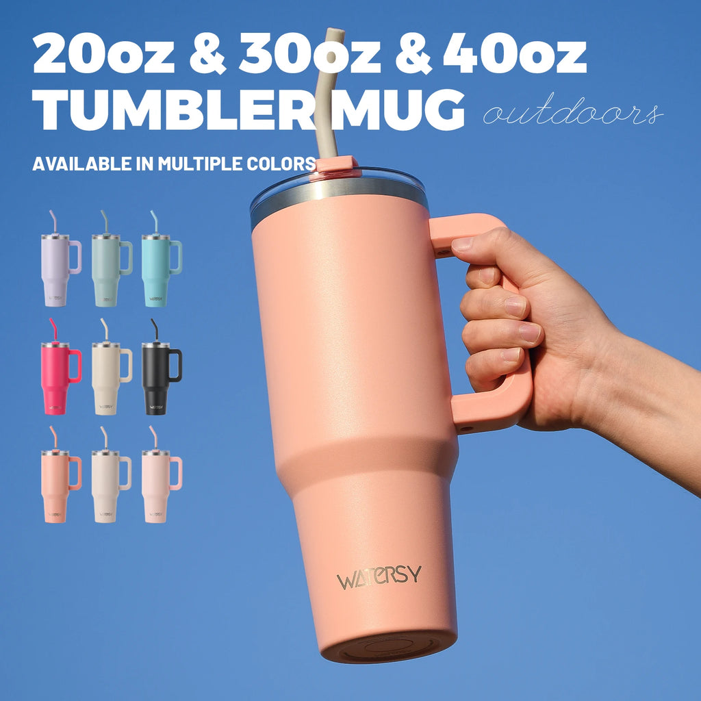 Watersy Insulated Drinkware – 20/30/40oz Stainless Steel Tumbler with Handle & Straw | Hot & Cold Travel Mug