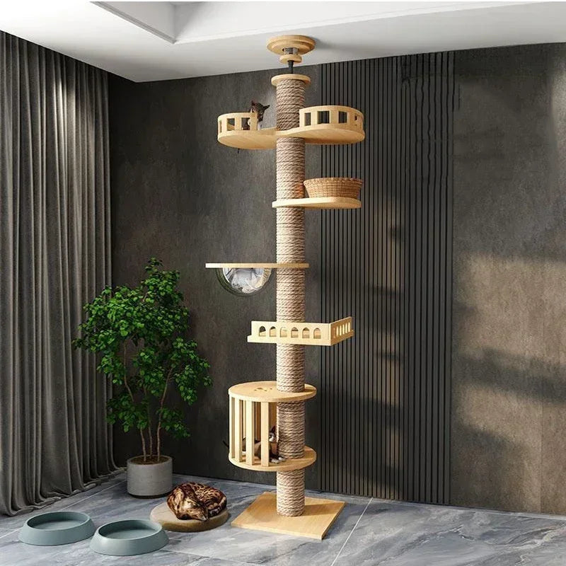 Pet Cat Tree 5-Tier Floor to Ceiling Cat Tower Cactus Tall Climbing Tree with Scratching Post Hammock Dangling Ball for Indoor Cats