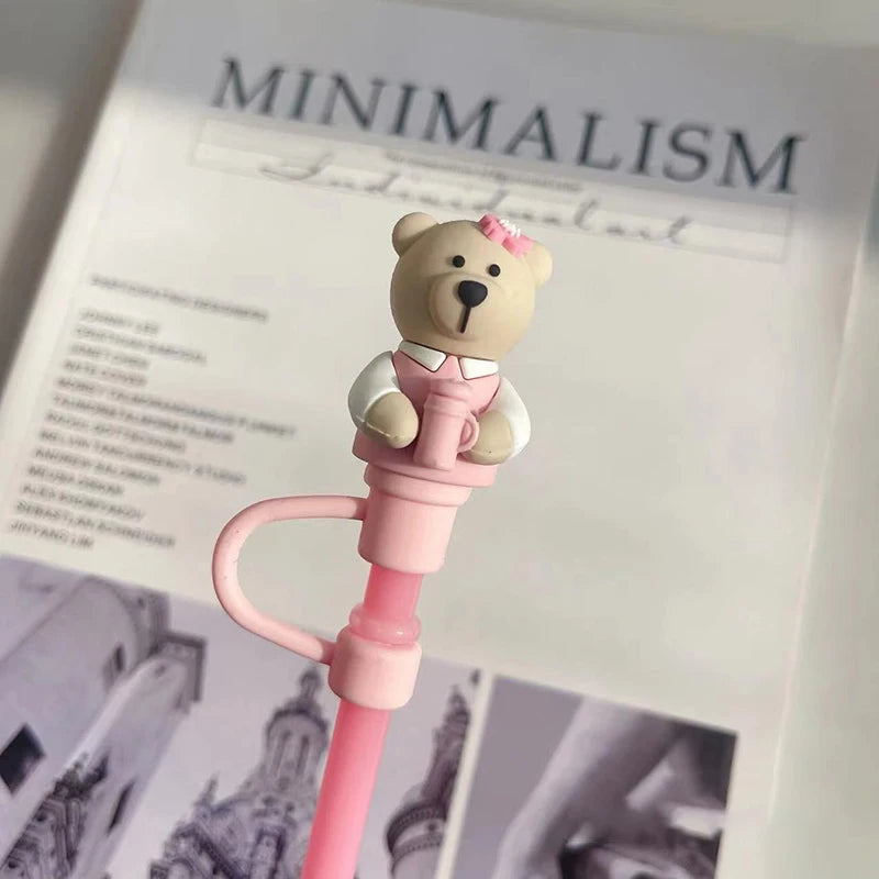 Pink Kawaii Straw Topper – Bear & Cherry Silicone Accessories