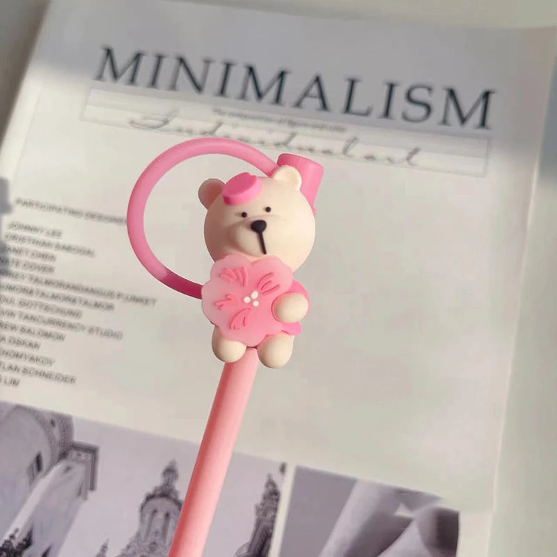 Pink Kawaii Straw Topper – Bear & Cherry Silicone Accessories