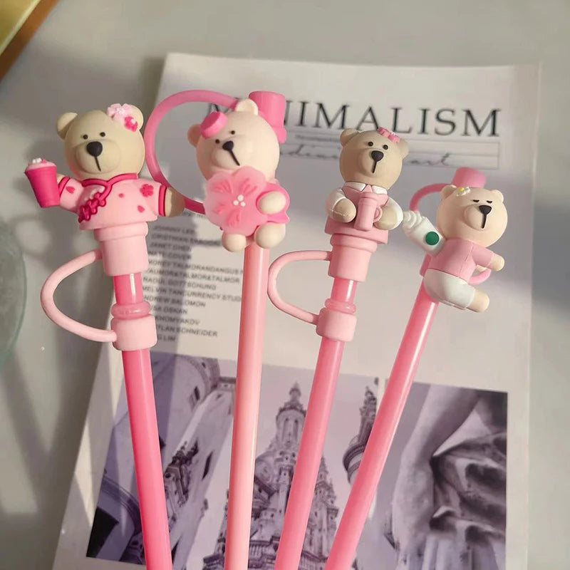 Pink Kawaii Straw Topper – Bear & Cherry Silicone Accessories