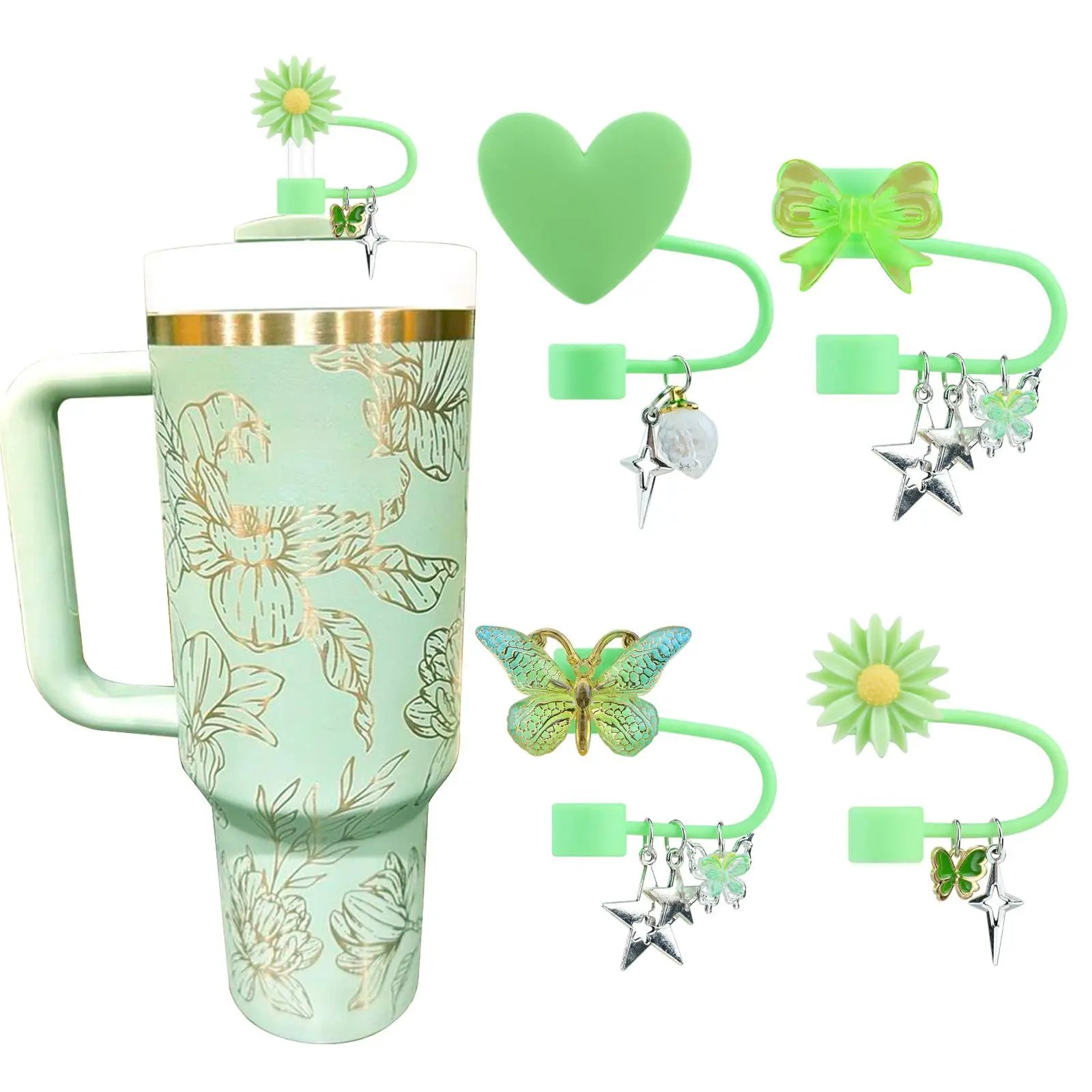 4PCS Stanley Tumbler Accessories Set – Cute Star & Bow Silicone Straw Covers, 10mm Dust-Proof Toppers & Tip Protectors