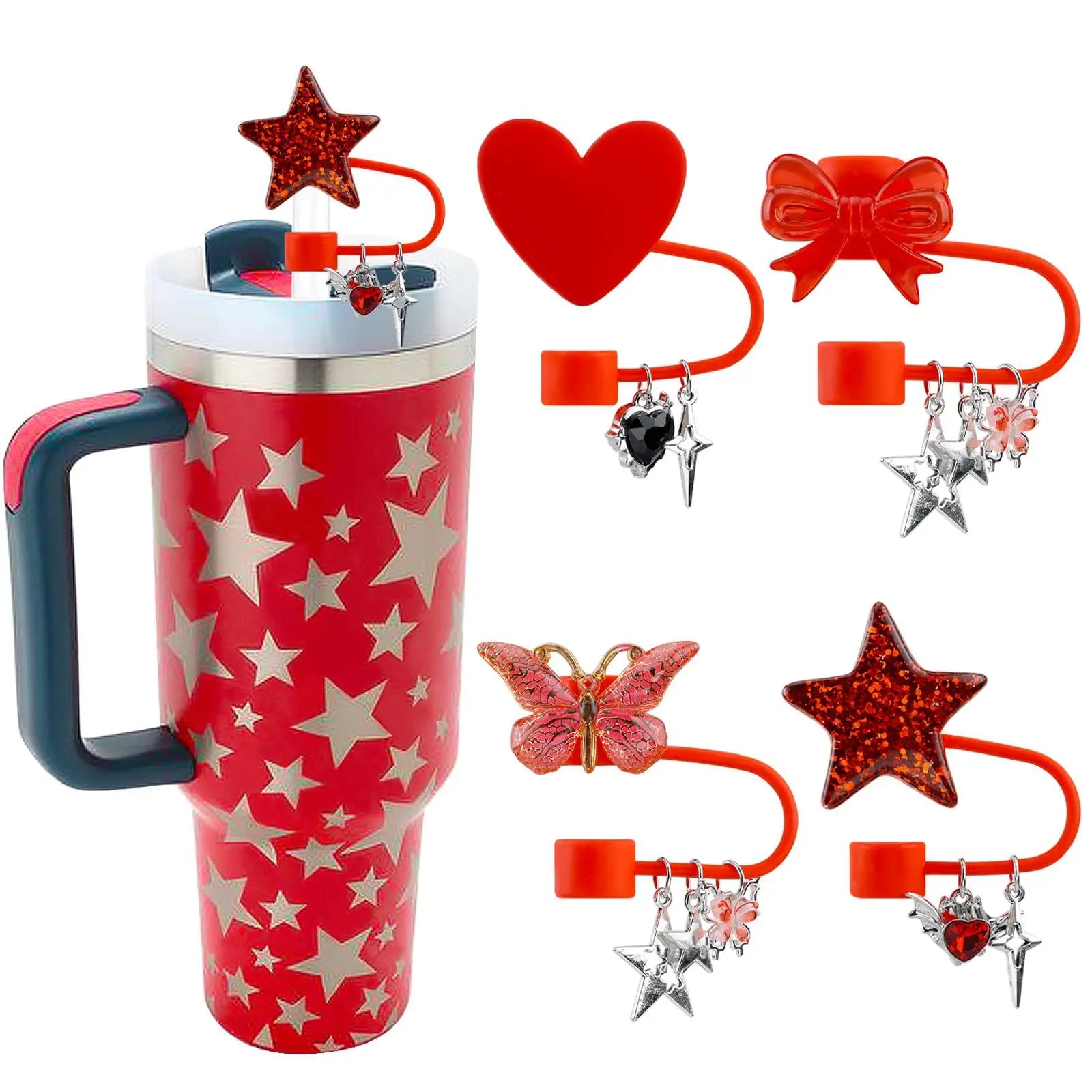 4PCS Stanley Tumbler Accessories Set – Cute Star & Bow Silicone Straw Covers, 10mm Dust-Proof Toppers & Tip Protectors