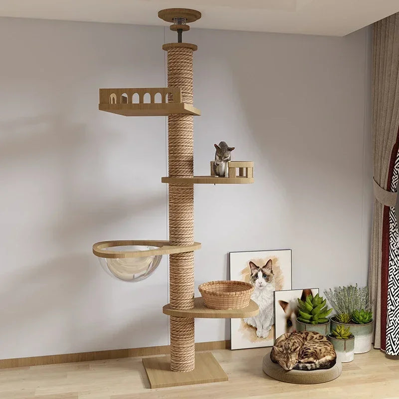 Pet Cat Tree 5-Tier Floor to Ceiling Cat Tower Cactus Tall Climbing Tree with Scratching Post Hammock Dangling Ball for Indoor Cats