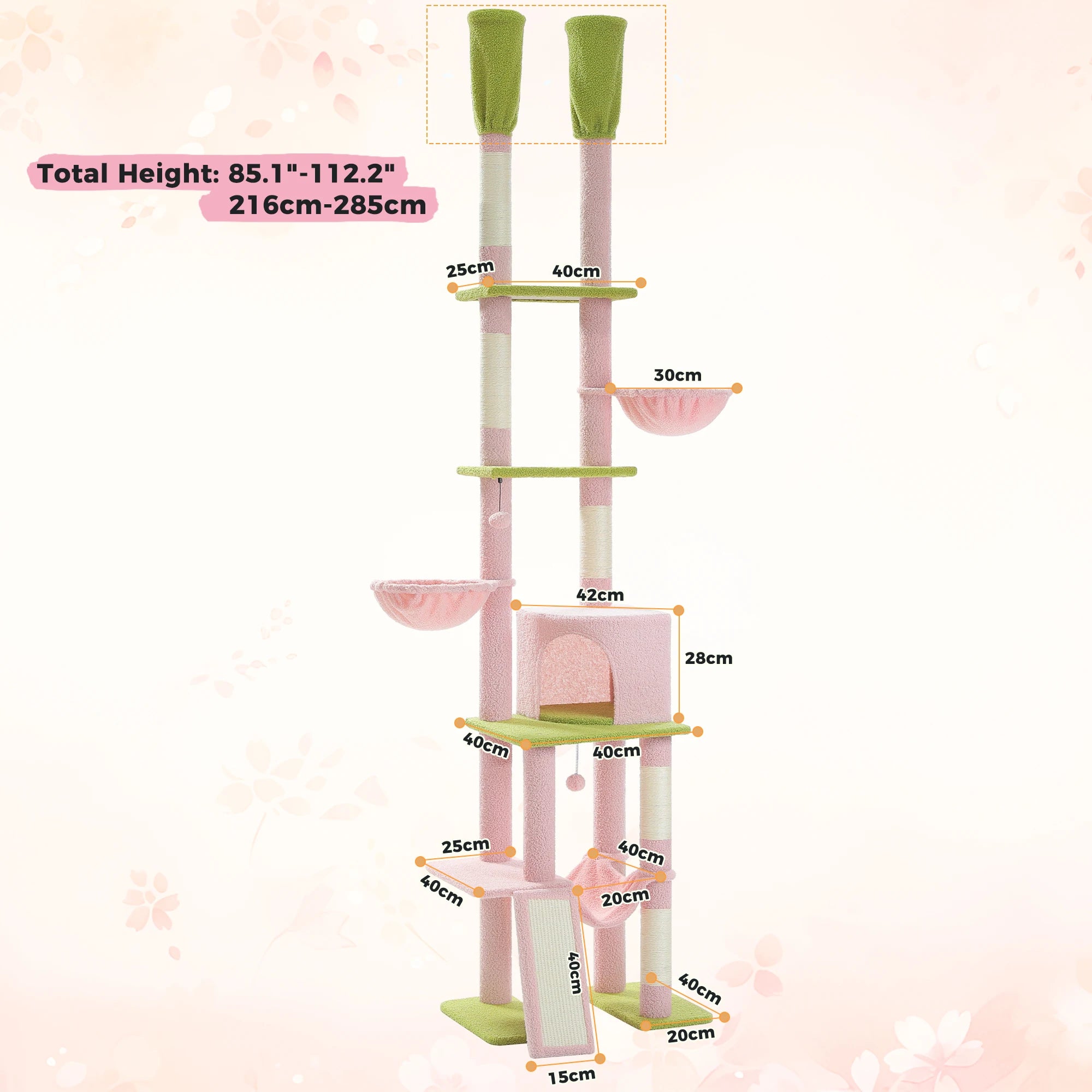 Tall Adjustable Floor-to-Ceiling Cat Tree – Indoor Cat Tower with Scratching Posts & Soft Hammock Condo - Pet
