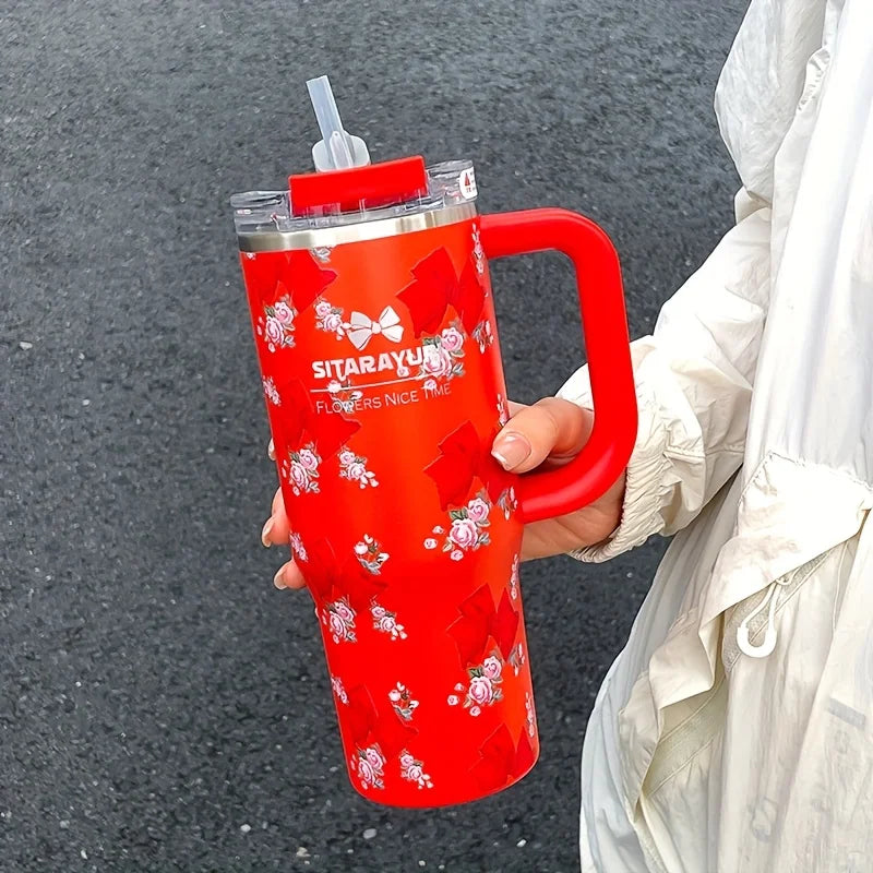 900ml Floral Stainless Steel Tumbler with Straw