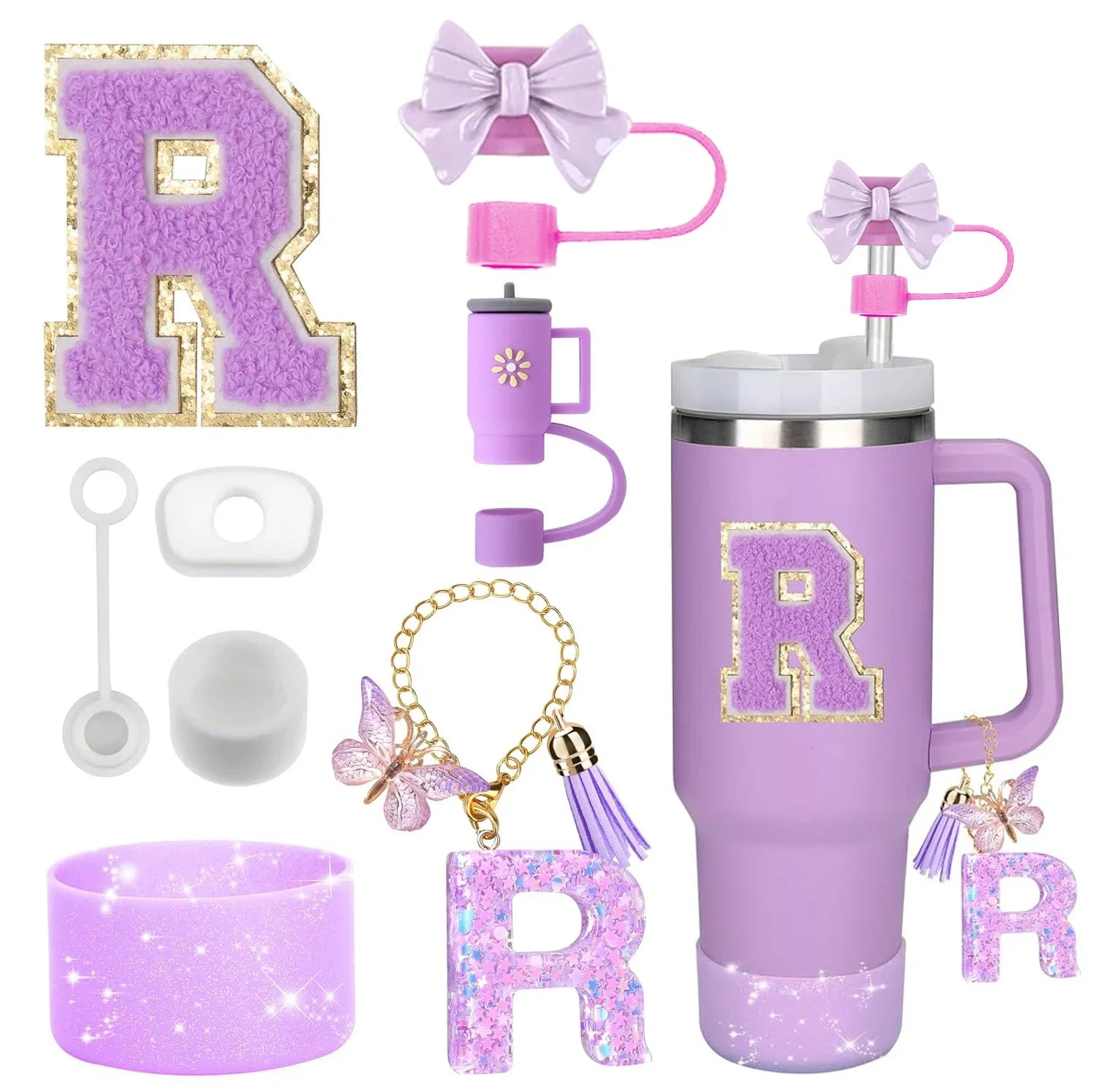 8PCS Stanley Cup Accessories Set – Purple 30/40oz Tumbler Straw Topper, Cap, Boot, Handle, Charm & Initial Stickers
