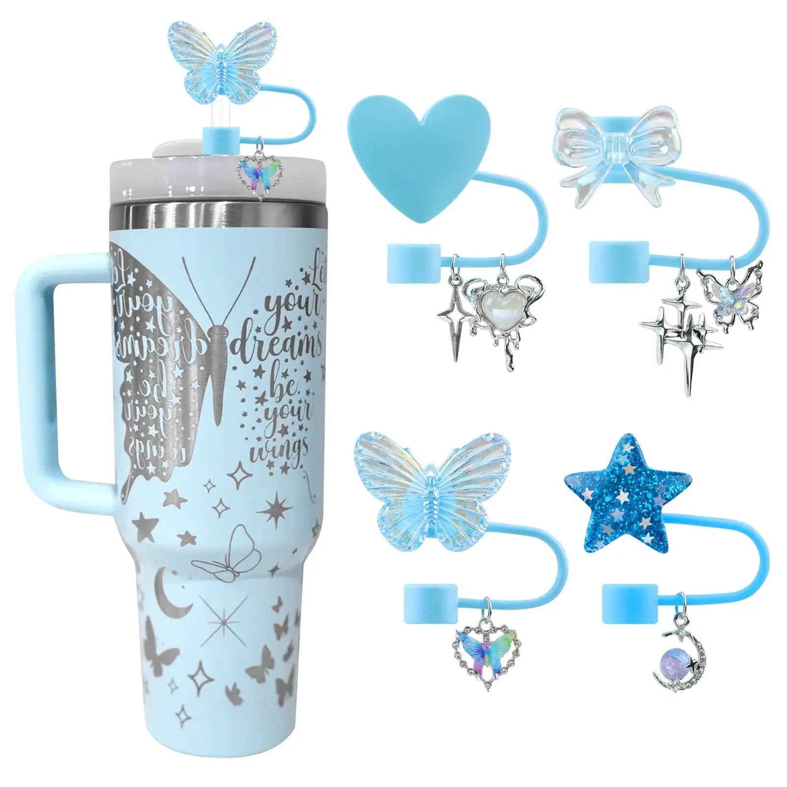 4PCS Stanley Tumbler Accessories Set – Cute Star & Bow Silicone Straw Covers, 10mm Dust-Proof Toppers & Tip Protectors