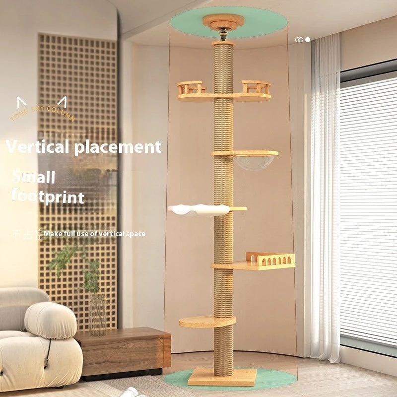 Pet Cat Tree 5-Tier Floor to Ceiling Cat Tower Cactus Tall Climbing Tree with Scratching Post Hammock Dangling Ball for Indoor Cats