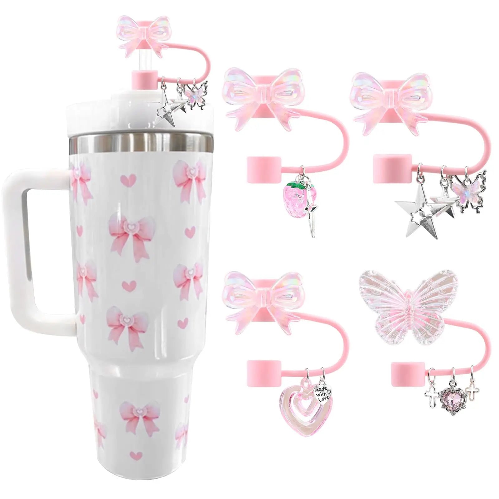 4PCS Stanley Tumbler Accessories Set – Cute Star & Bow Silicone Straw Covers, 10mm Dust-Proof Toppers & Tip Protectors