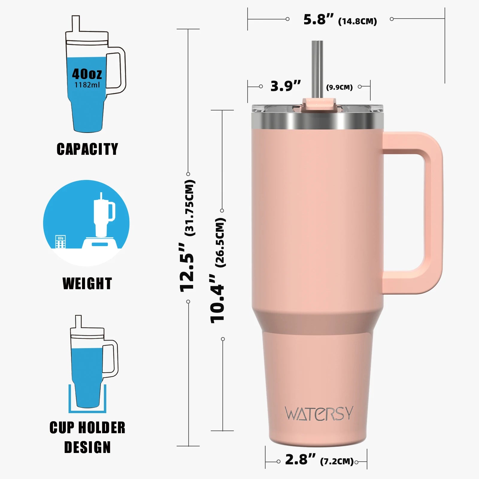 Watersy Insulated Drinkware – 20/30/40oz Stainless Steel Tumbler with Handle & Straw | Hot & Cold Travel Mug