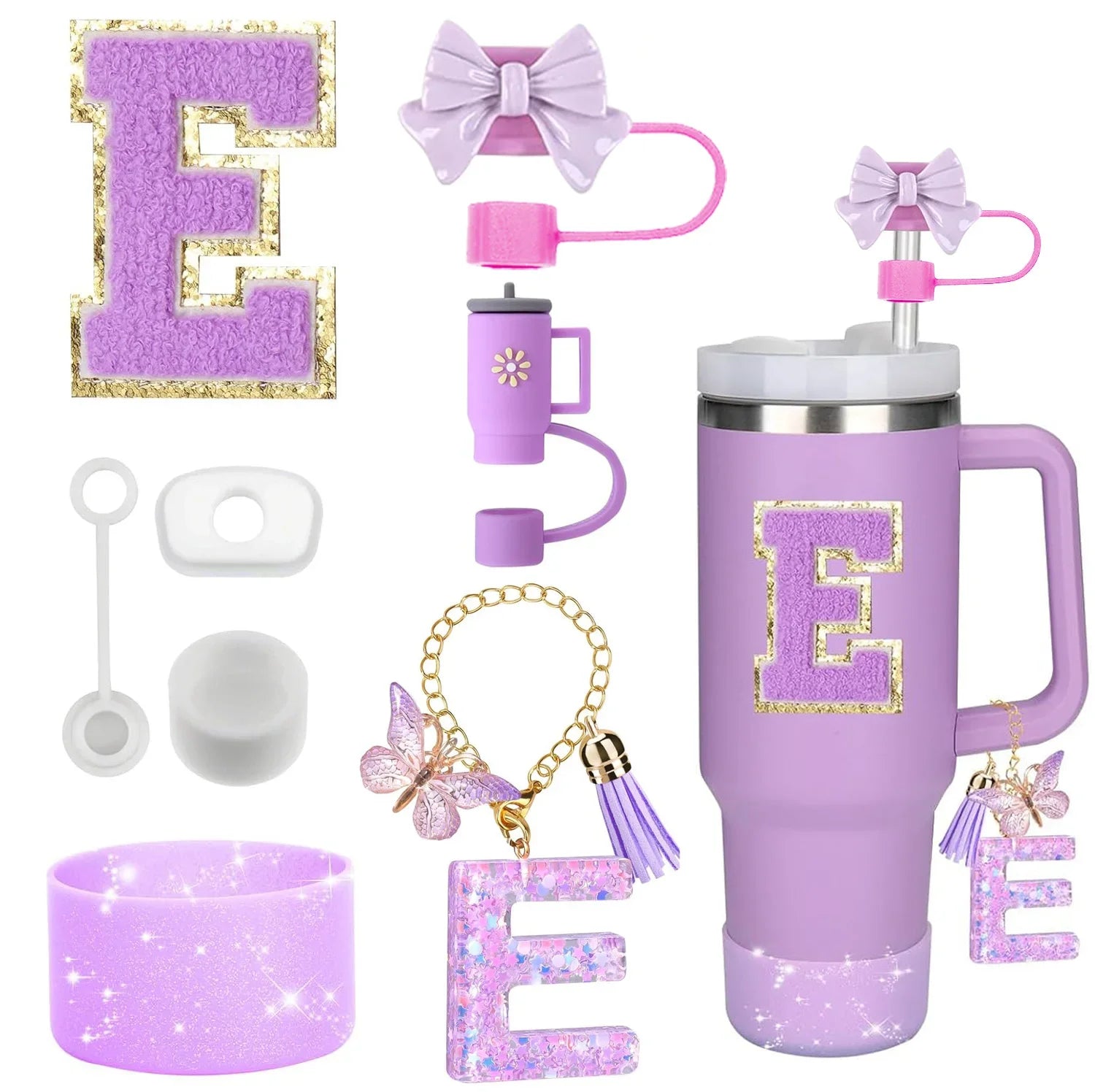 8PCS Stanley Cup Accessories Set – Purple 30/40oz Tumbler Straw Topper, Cap, Boot, Handle, Charm & Initial Stickers