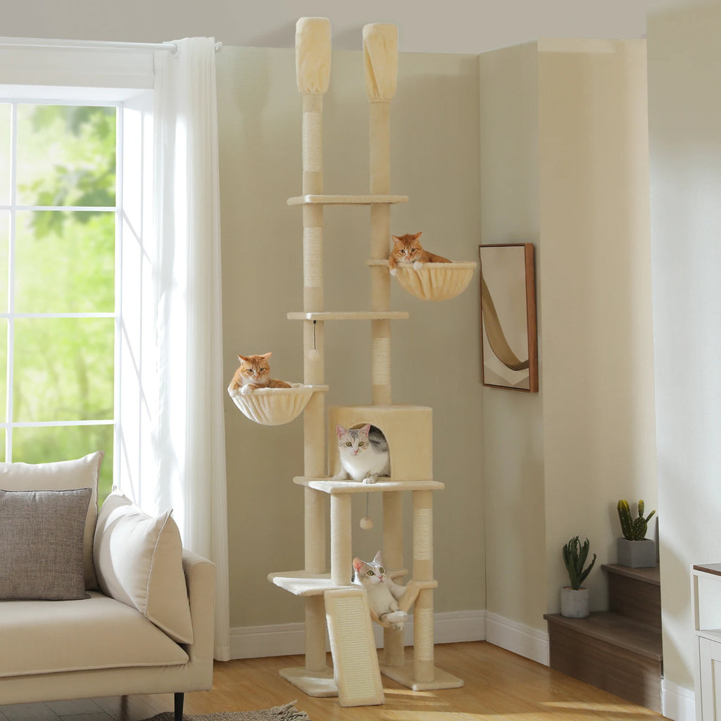 Tall Adjustable Floor-to-Ceiling Cat Tree – Indoor Cat Tower with Scratching Posts & Soft Hammock Condo - Pet