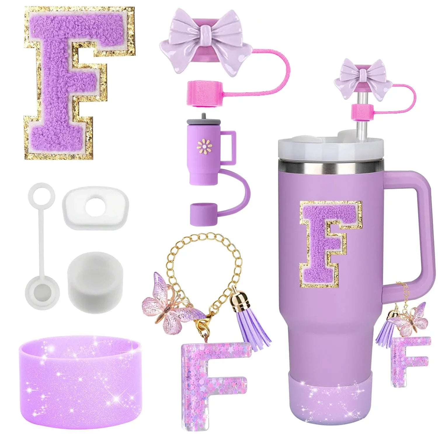8PCS Stanley Cup Accessories Set – Purple 30/40oz Tumbler Straw Topper, Cap, Boot, Handle, Charm & Initial Stickers