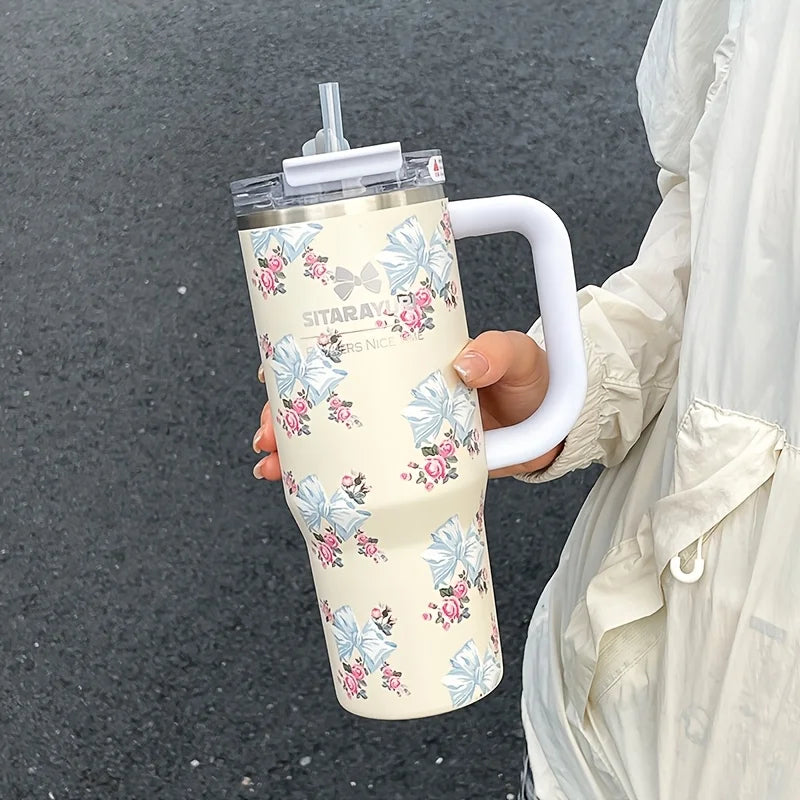 900ml Floral Stainless Steel Tumbler with Straw