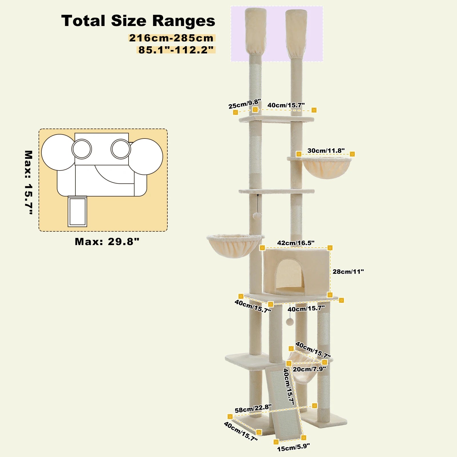 Tall Adjustable Floor-to-Ceiling Cat Tree – Indoor Cat Tower with Scratching Posts & Soft Hammock Condo - Pet