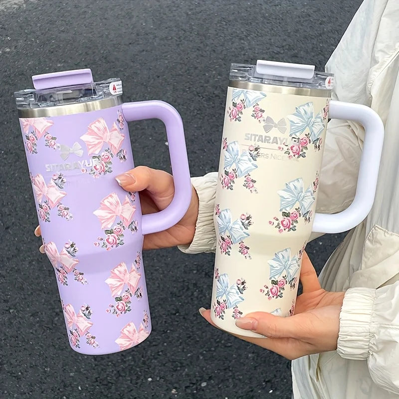 900ml Floral Stainless Steel Tumbler with Straw