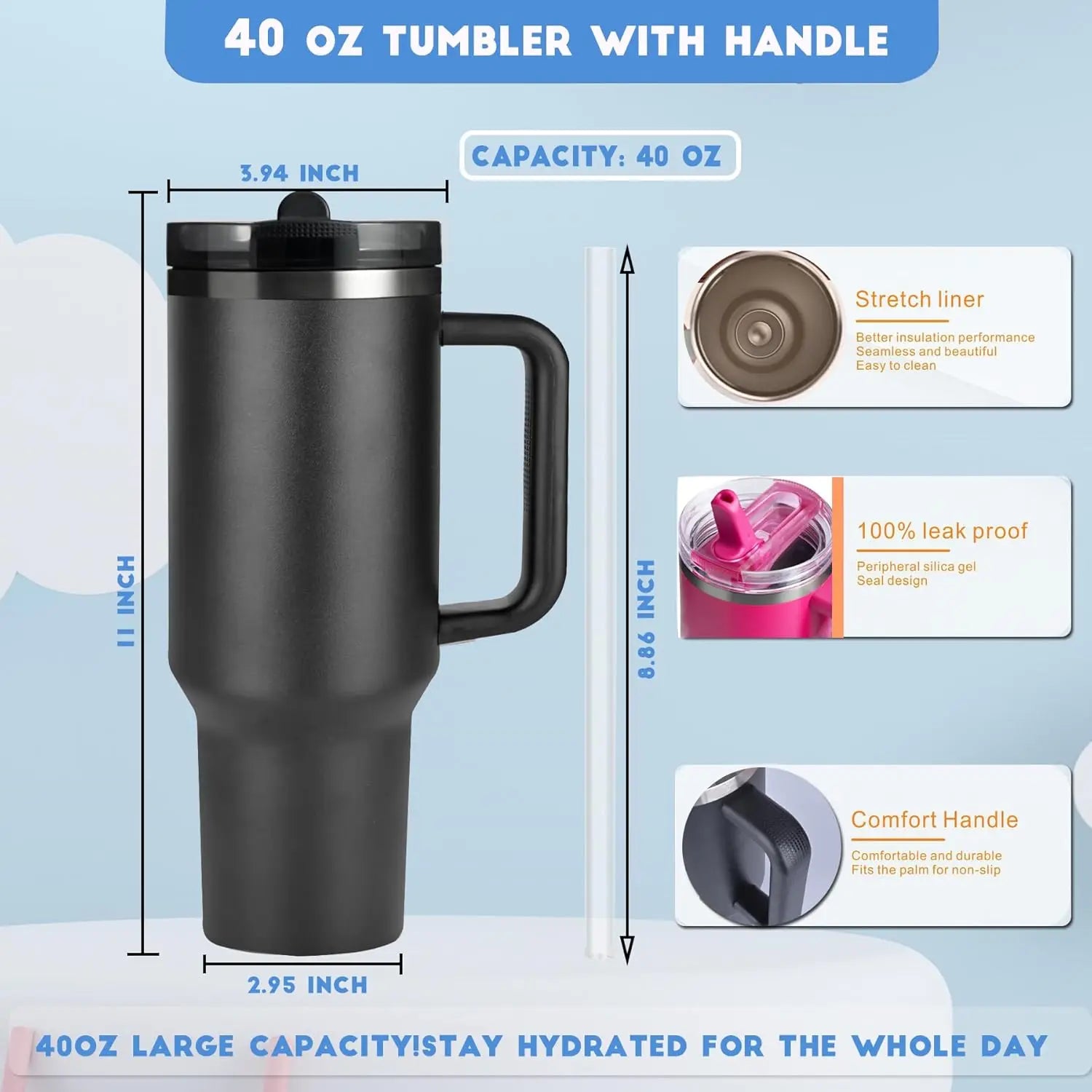Stainless Steel Vacuum Insulated Metal Cup/Travel Mug/Tumbler/Drinkware with Lid and Straw for Water, Iced Tea or Coffee