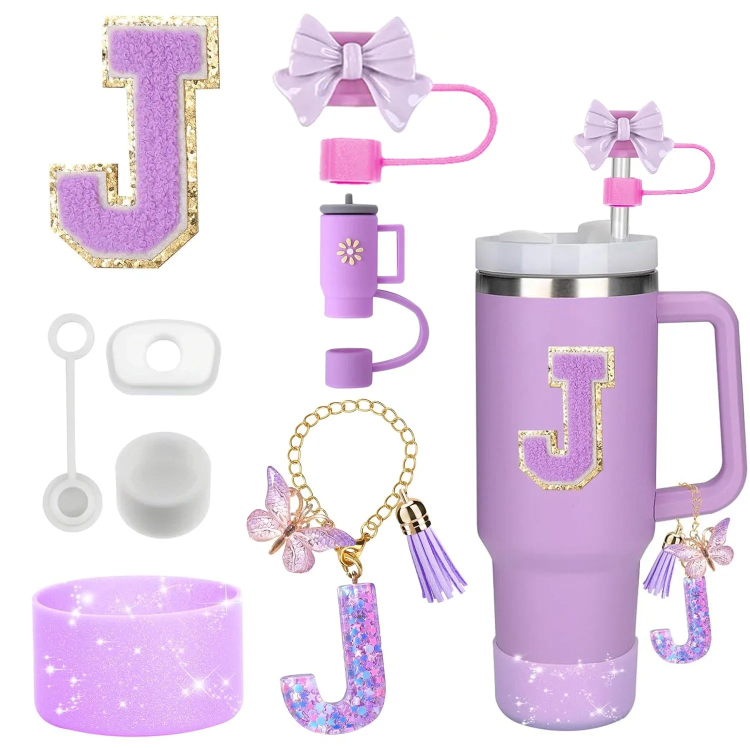 8PCS Stanley Cup Accessories Set – Purple 30/40oz Tumbler Straw Topper, Cap, Boot, Handle, Charm & Initial Stickers