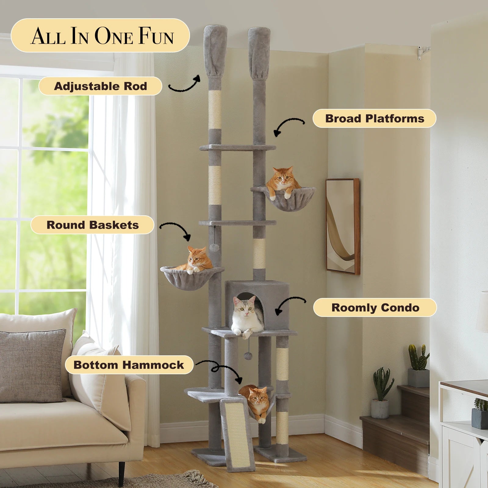 Tall Adjustable Floor-to-Ceiling Cat Tree – Indoor Cat Tower with Scratching Posts & Soft Hammock Condo - Pet