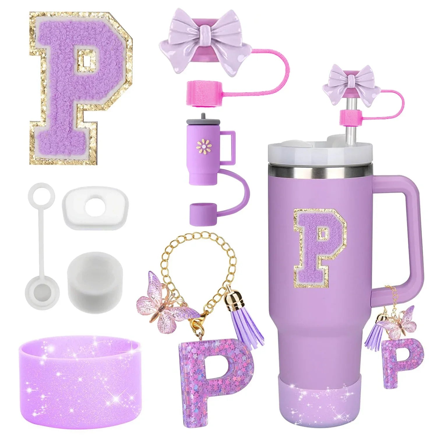 8PCS Stanley Cup Accessories Set – Purple 30/40oz Tumbler Straw Topper, Cap, Boot, Handle, Charm & Initial Stickers