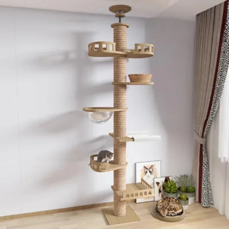Pet Cat Tree 5-Tier Floor to Ceiling Cat Tower Cactus Tall Climbing Tree with Scratching Post Hammock Dangling Ball for Indoor Cats