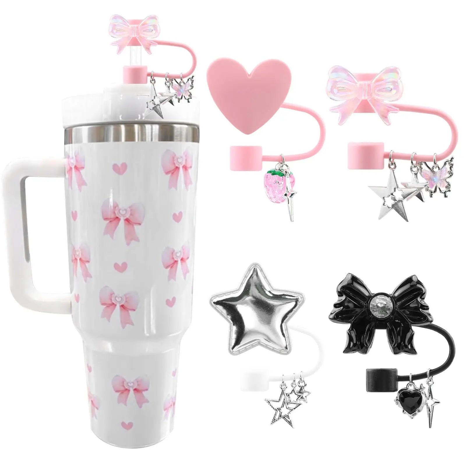 4PCS Stanley Tumbler Accessories Set – Cute Star & Bow Silicone Straw Covers, 10mm Dust-Proof Toppers & Tip Protectors