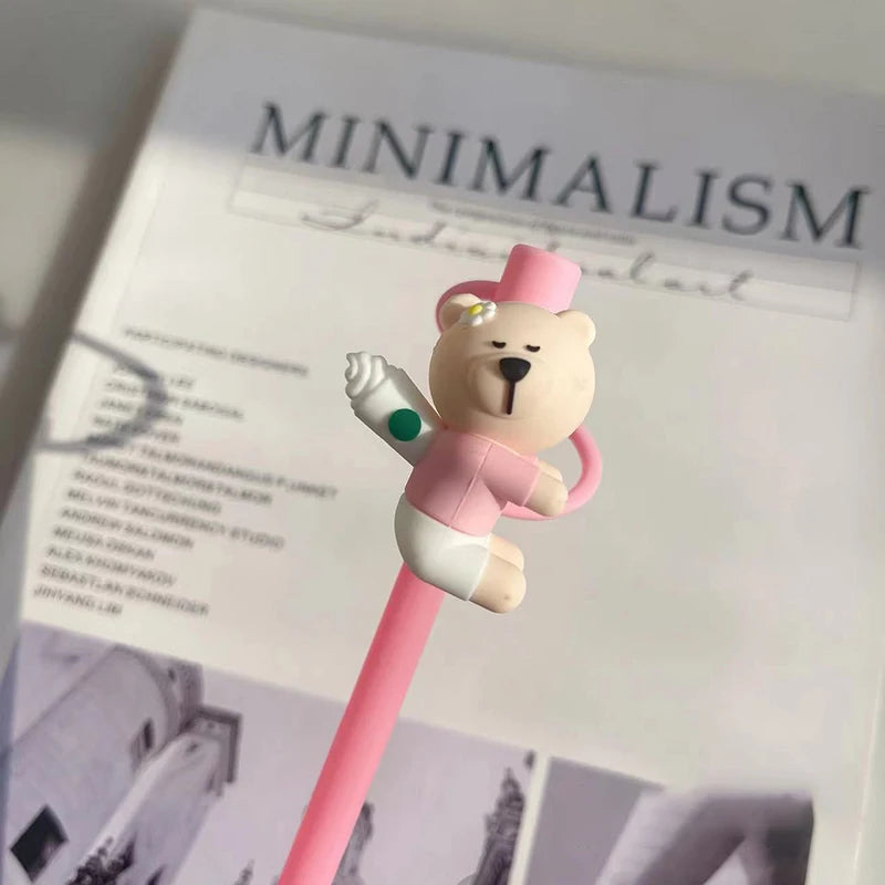 Pink Kawaii Straw Topper – Bear & Cherry Silicone Accessories
