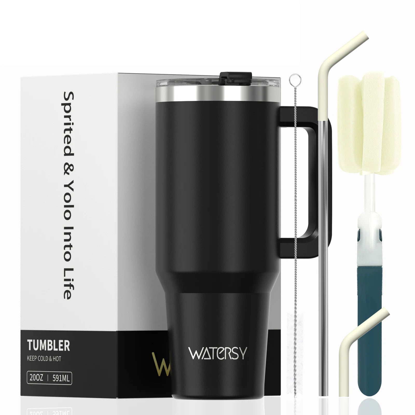 Watersy Insulated Drinkware – 20/30/40oz Stainless Steel Tumbler with Handle & Straw | Hot & Cold Travel Mug