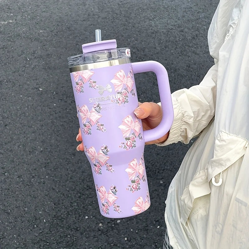 900ml Floral Stainless Steel Tumbler with Straw