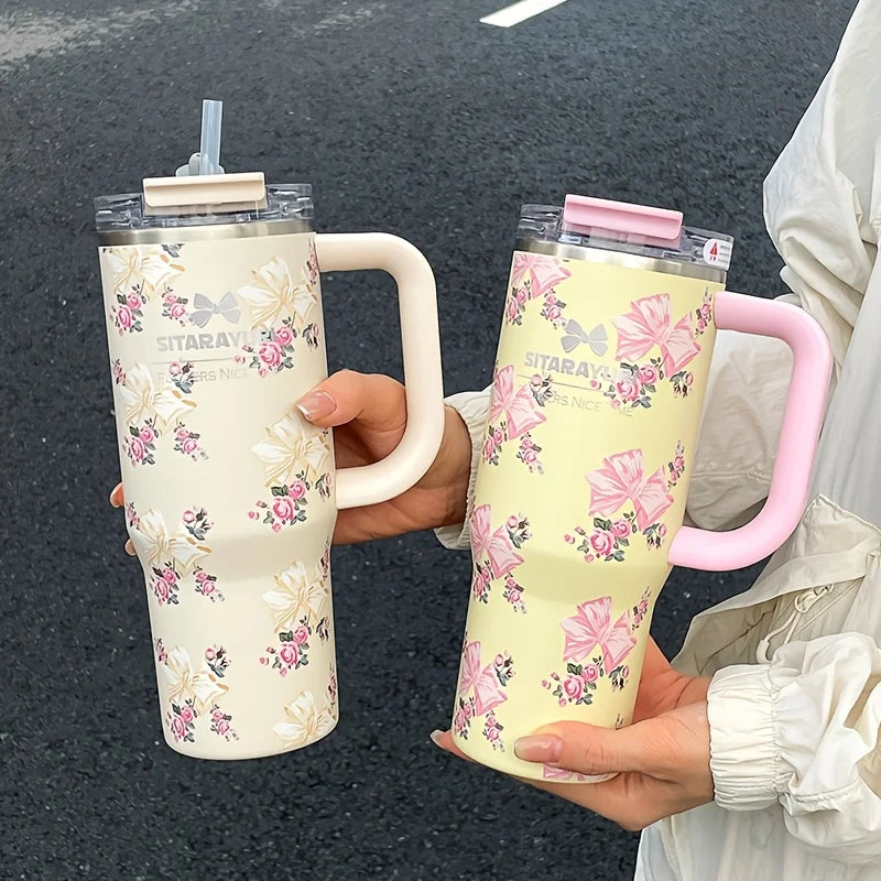 900ml Floral Stainless Steel Tumbler with Straw