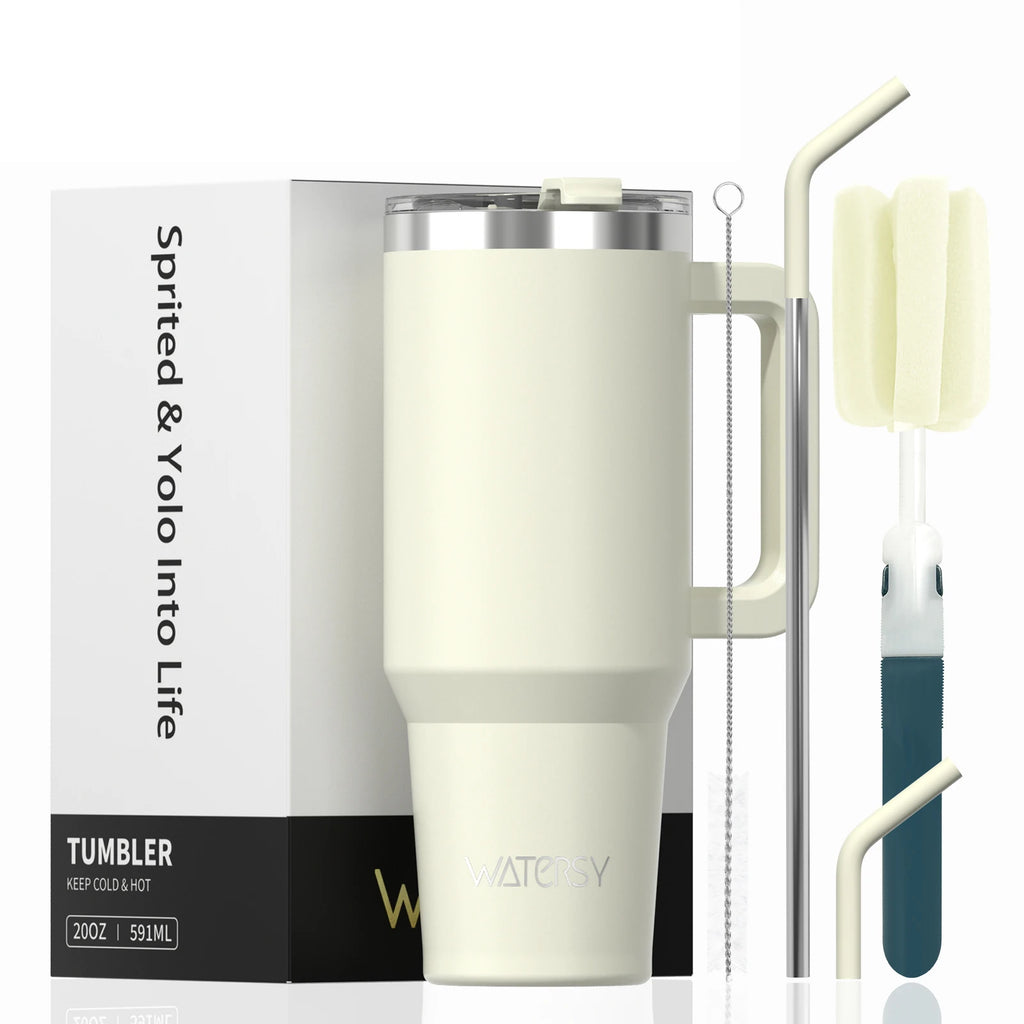 Watersy Insulated Drinkware – 20/30/40oz Stainless Steel Tumbler with Handle & Straw | Hot & Cold Travel Mug