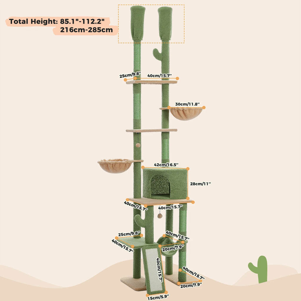 Tall Adjustable Floor-to-Ceiling Cat Tree – Indoor Cat Tower with Scratching Posts & Soft Hammock Condo - Pet