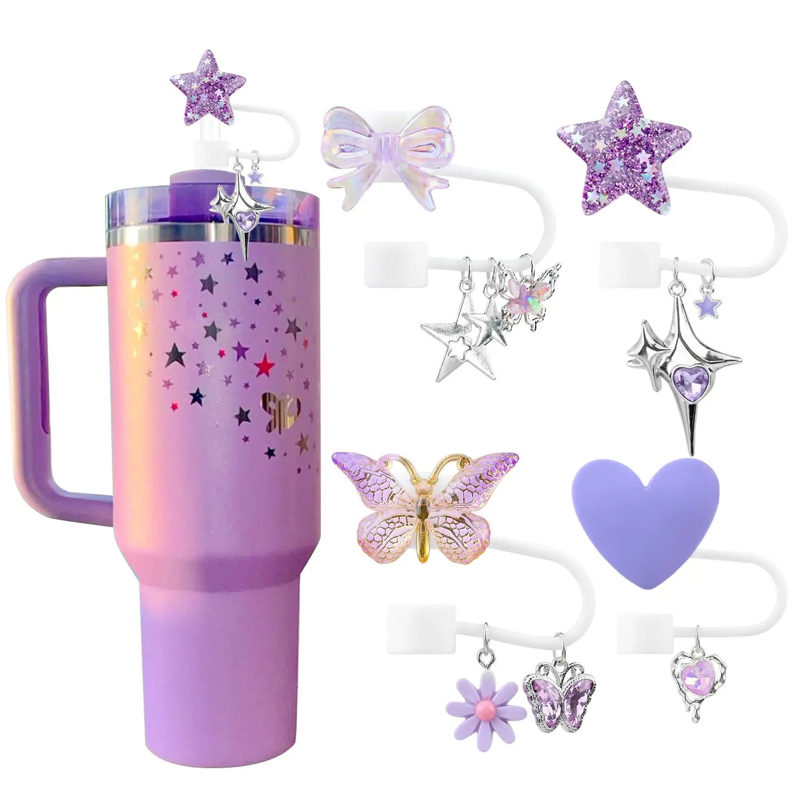 4PCS Stanley Tumbler Accessories Set – Cute Star & Bow Silicone Straw Covers, 10mm Dust-Proof Toppers & Tip Protectors