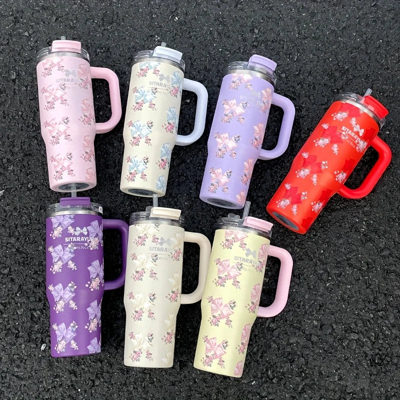 900ml Floral Stainless Steel Tumbler with Straw