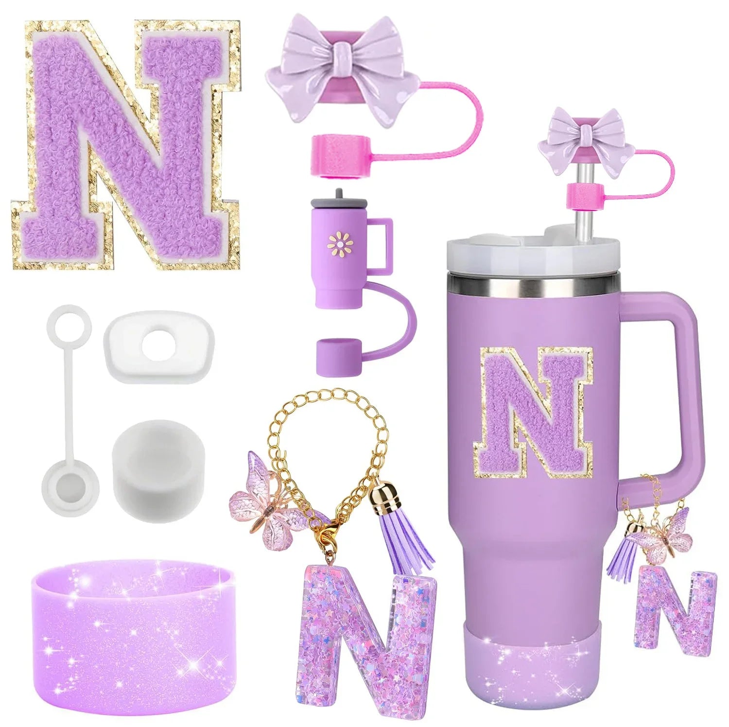 8PCS Stanley Cup Accessories Set – Purple 30/40oz Tumbler Straw Topper, Cap, Boot, Handle, Charm & Initial Stickers