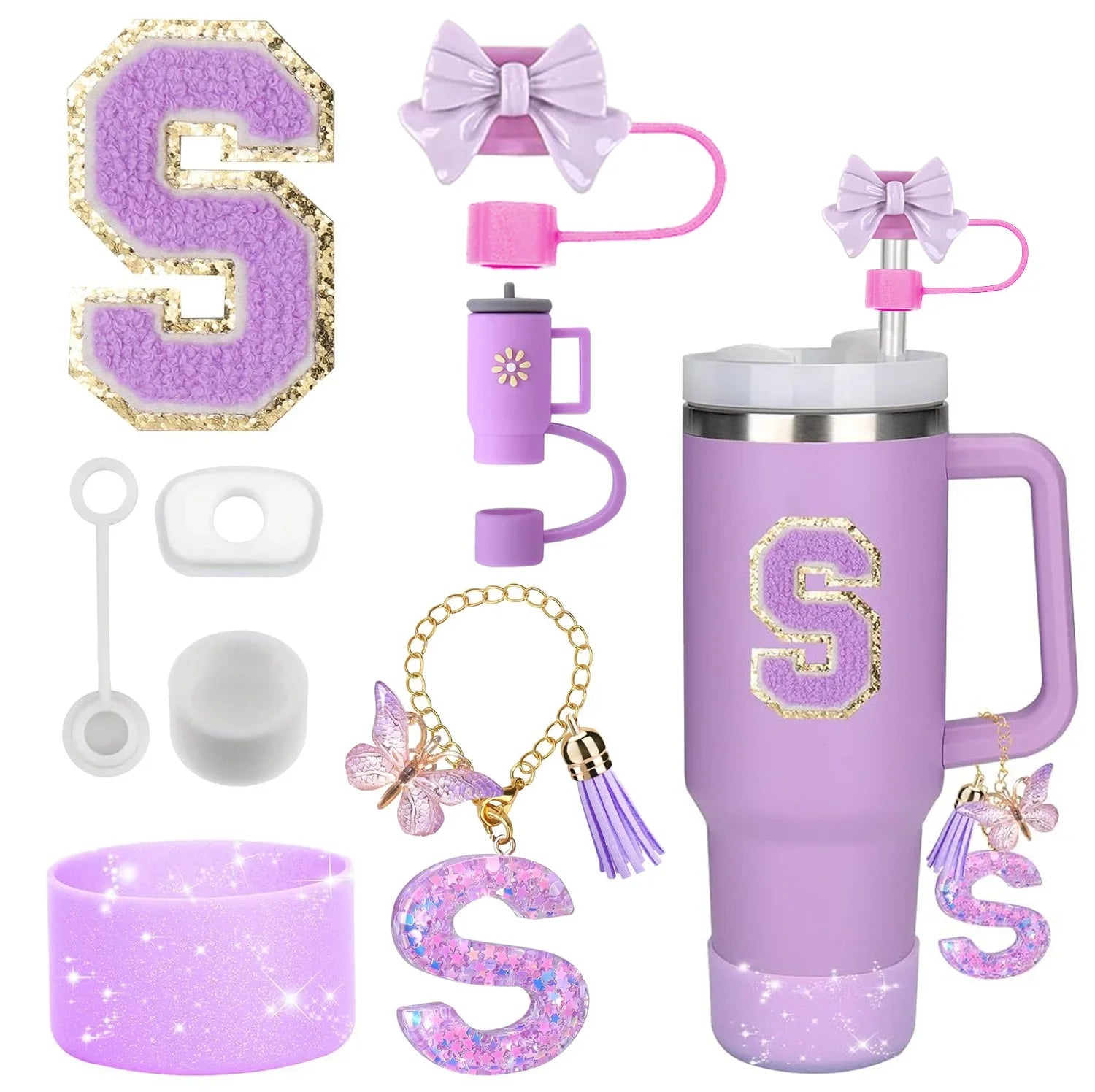 8PCS Stanley Cup Accessories Set – Purple 30/40oz Tumbler Straw Topper, Cap, Boot, Handle, Charm & Initial Stickers