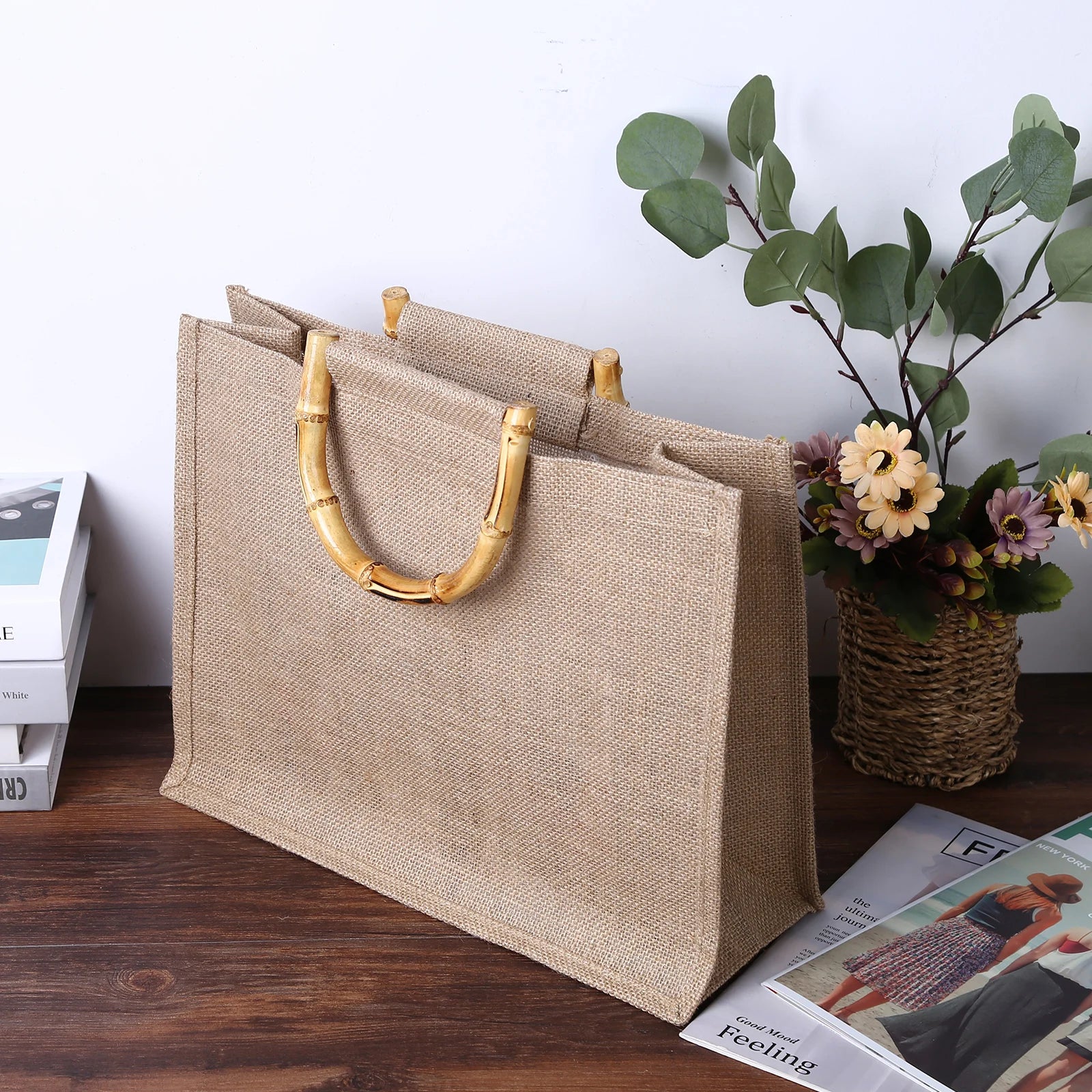 Eco-Friendly Jute Tote Bag with Bamboo Handles